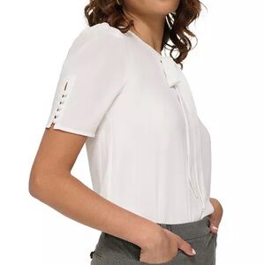 NWT Calvin Klein Petite Short-Sleeve Tie-Neck Top, Petit Med MSRP $79